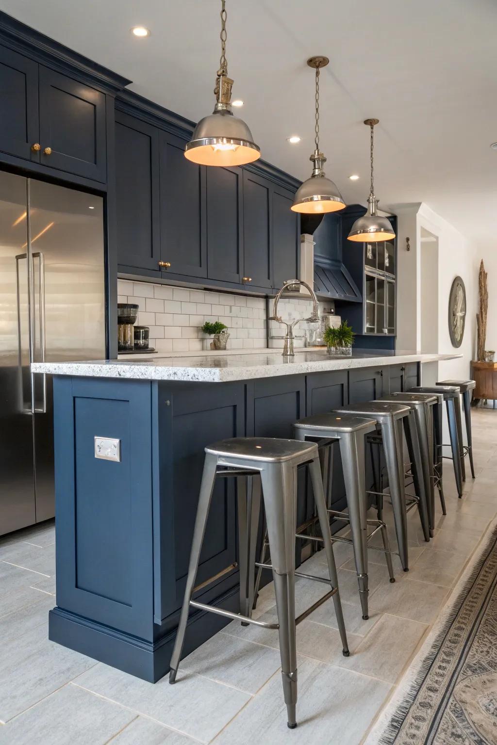 Metal things make dark blue kitchens look modern.