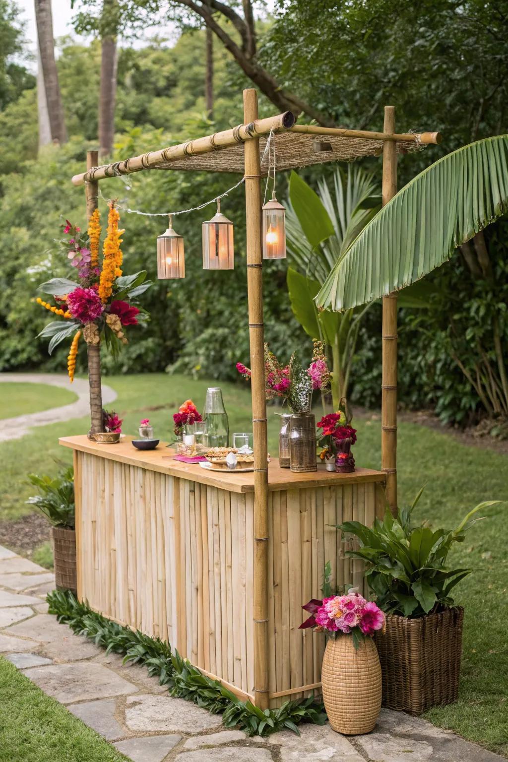 A portable tiki bar transports tropical vibes to any garden setting.