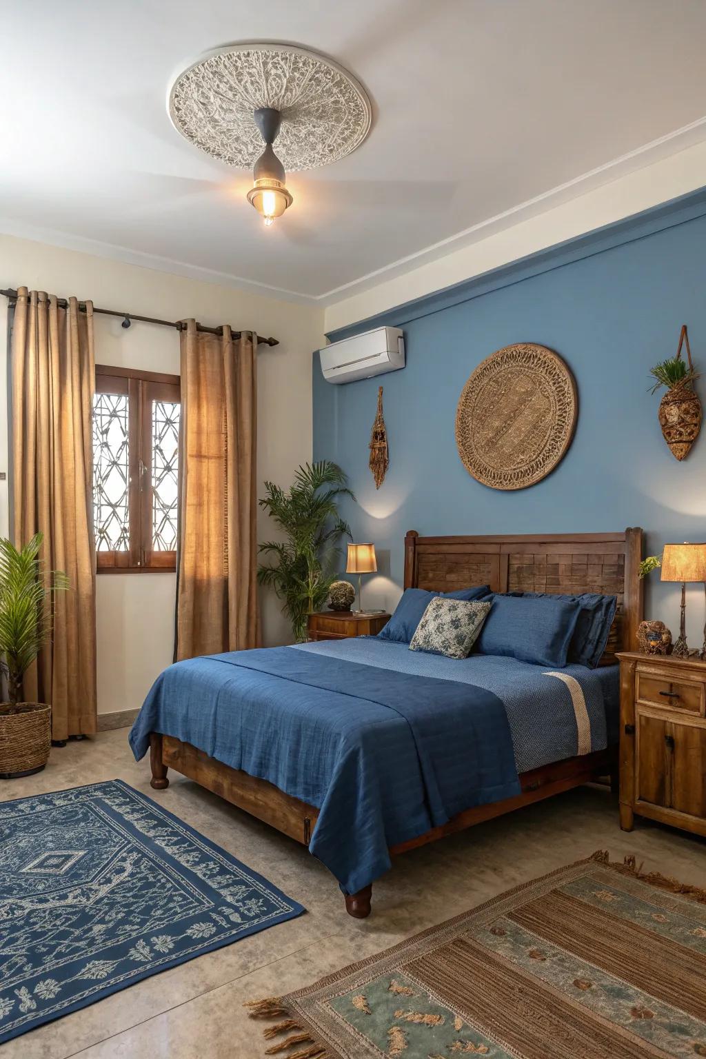 Earthy tones and regal blue craft a harmonious and grounded aesthetic.