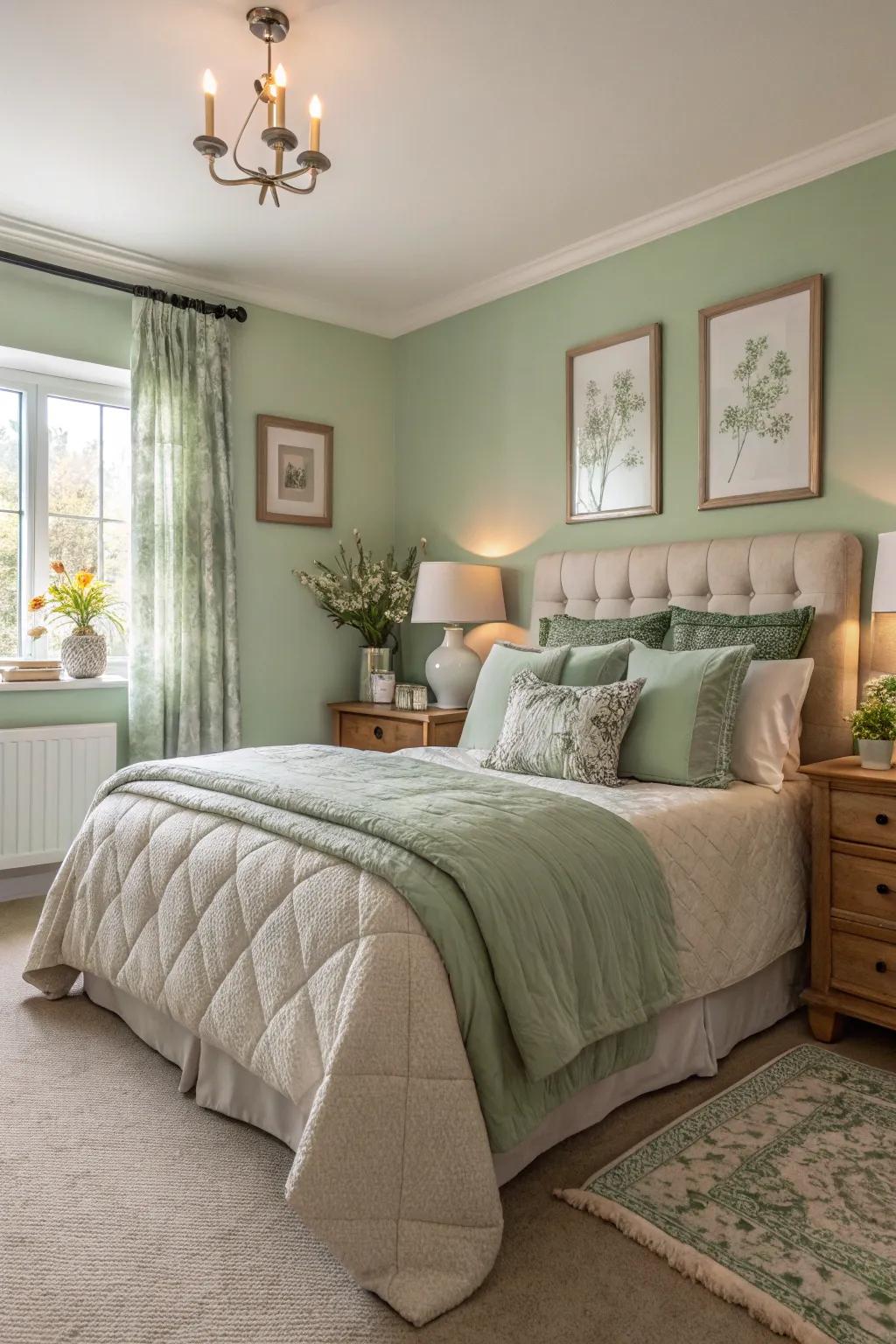 Gentle lighting with soft hues enhances the room’s tranquility.