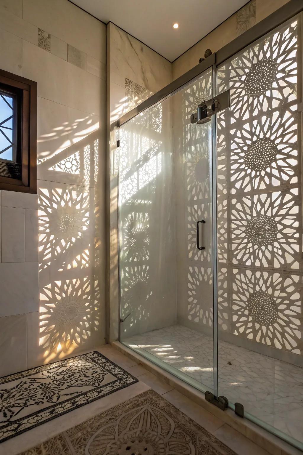 A shower space where textured glass plays with brightness and shadow beautifully.