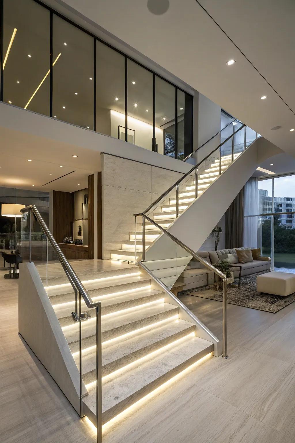 Integrated lighting in handrails offers both safety and style.