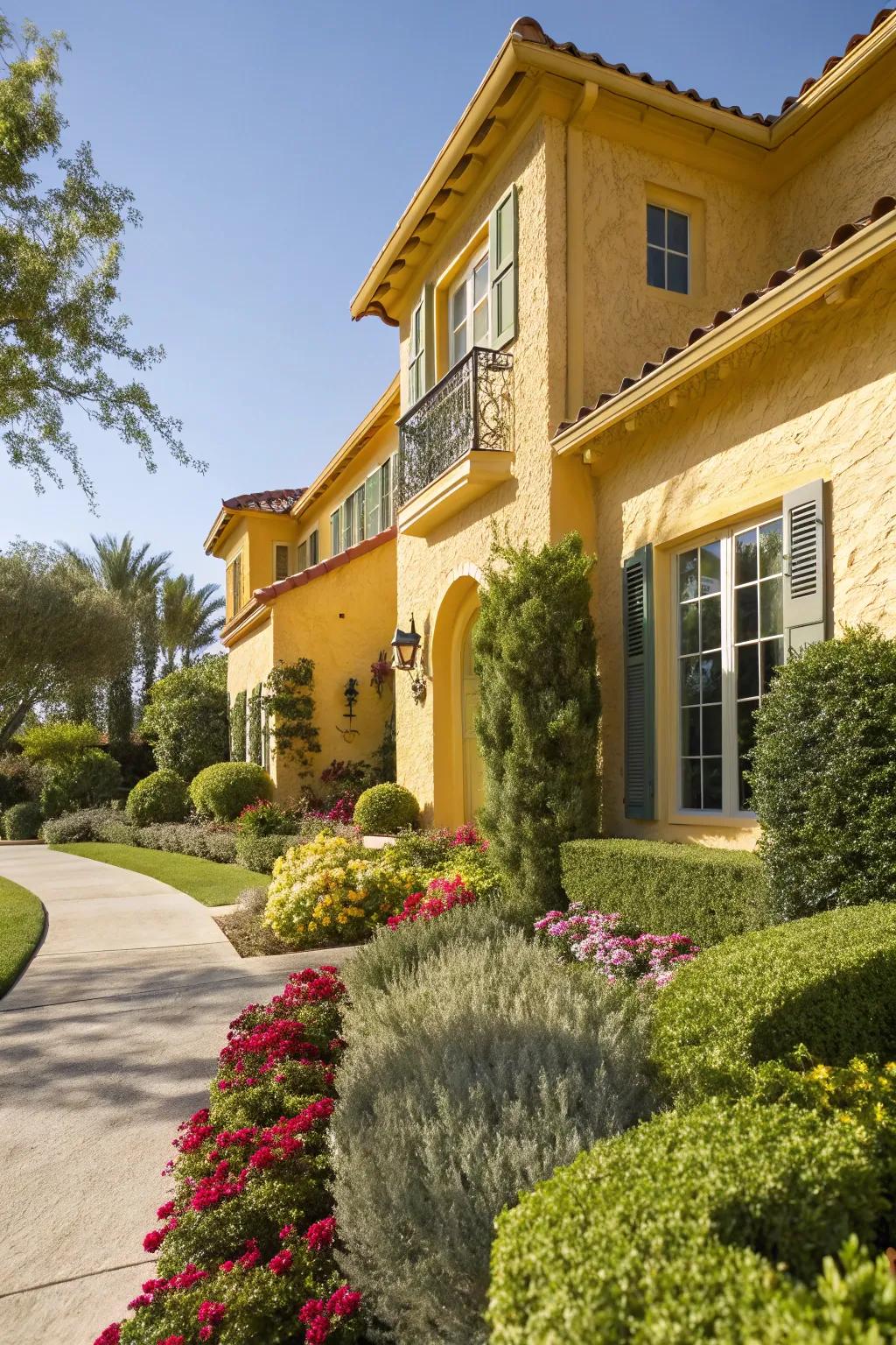 Stucco home with radiant yellow highlights.