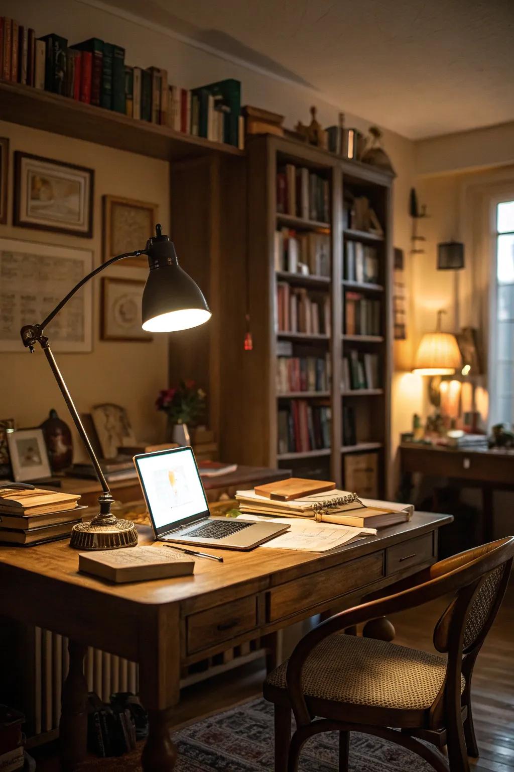 A study featuring layered lighting for a cozy vibe.