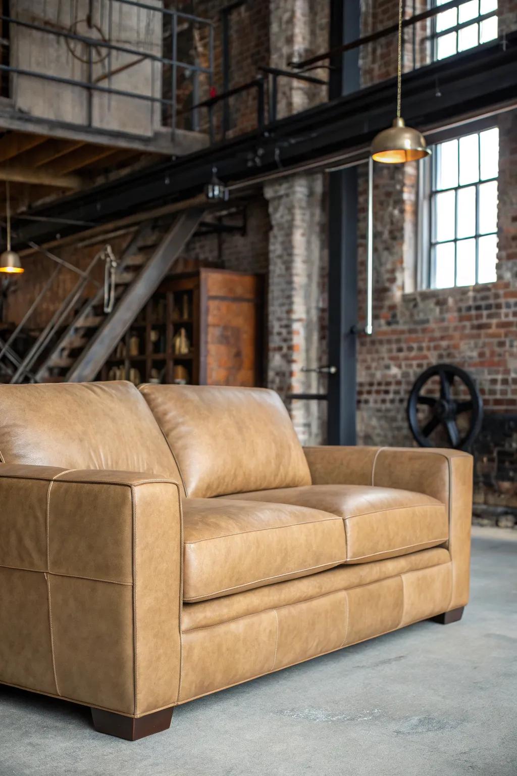 Industrial chic components append an edge to a sitting room.
