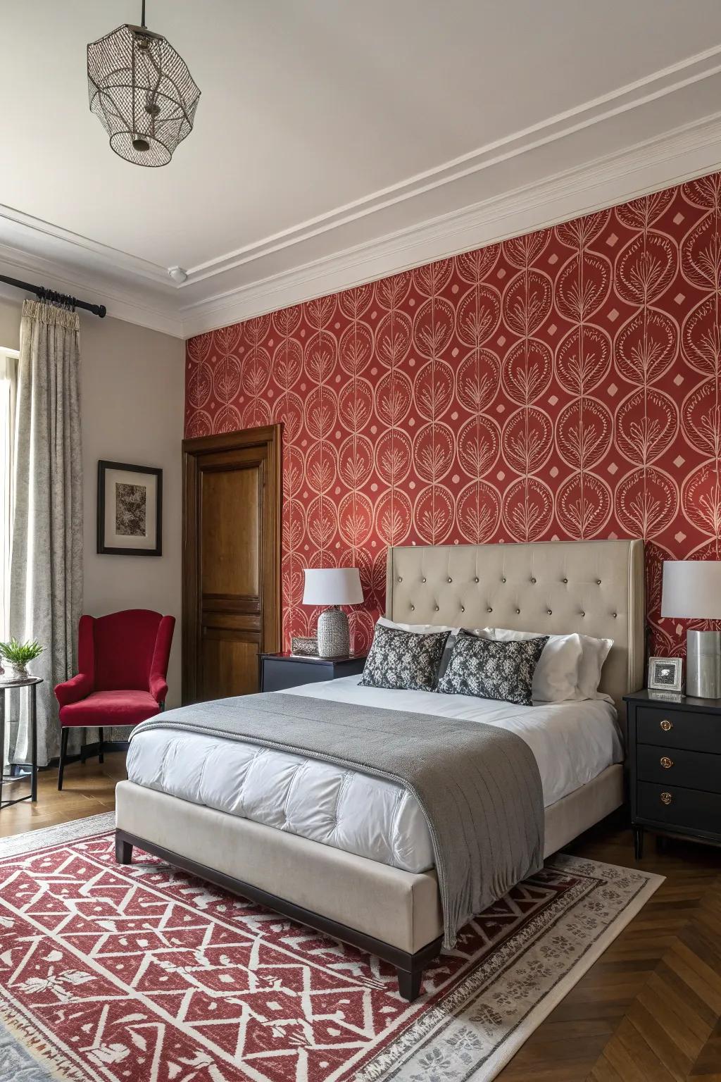 A focal wall anchors the room and emphasizes the bed.