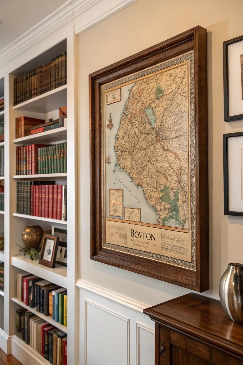 A classic map of Beantown adding heritage to a reading room.