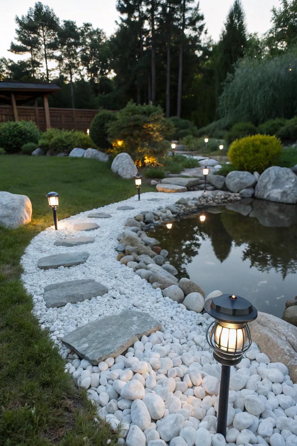 A magical garden scene with solar lights accentuating pale stones, creating a twinkling wonderland.