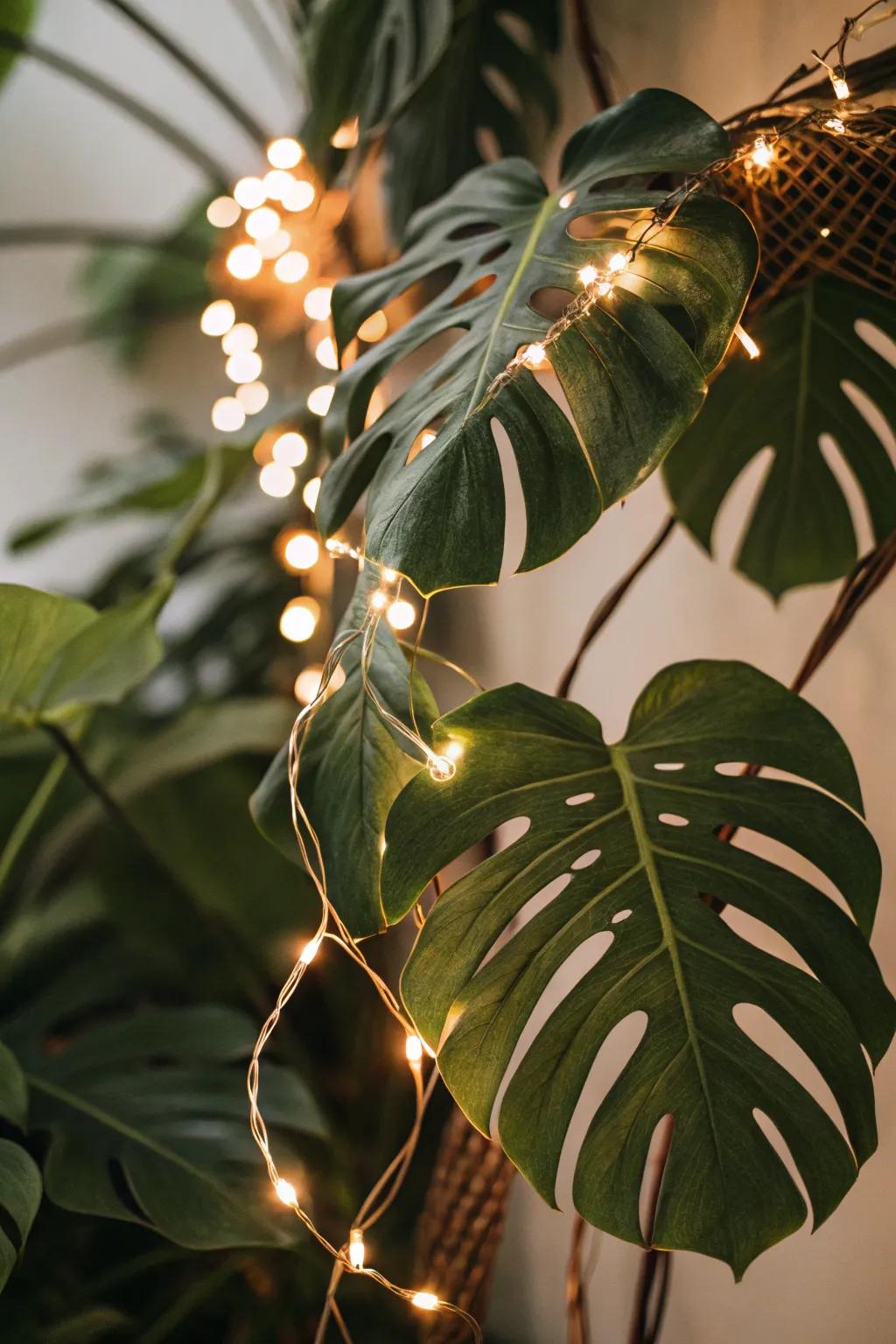 Lights wrapped around monstera leaves create a magical glow.
