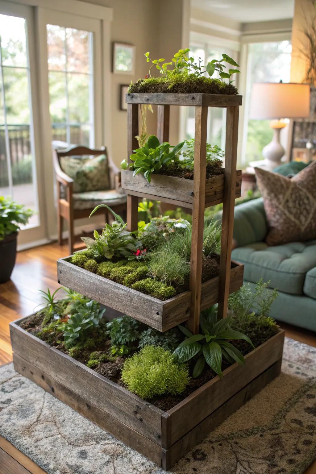 A tiered moss garden that infuses profundity and dimension.