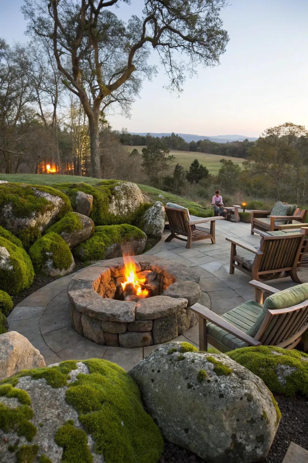 A welcoming bonfire spot expanse framed by lush moss stones.