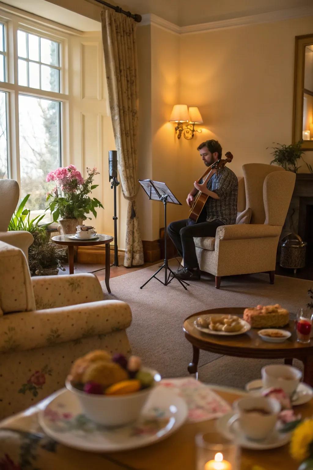 Live music or a hand-picked playlist adds a harmonious touch to your tea party.