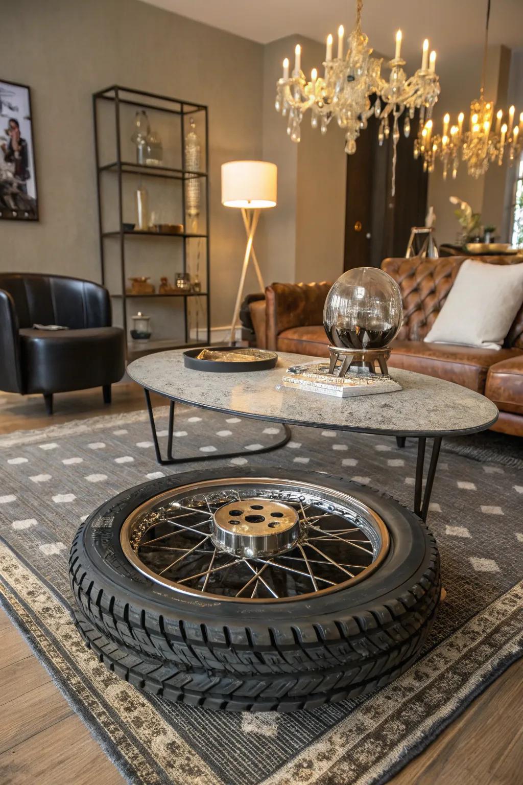 A unique coffee table crafted from a motorbike wheel.