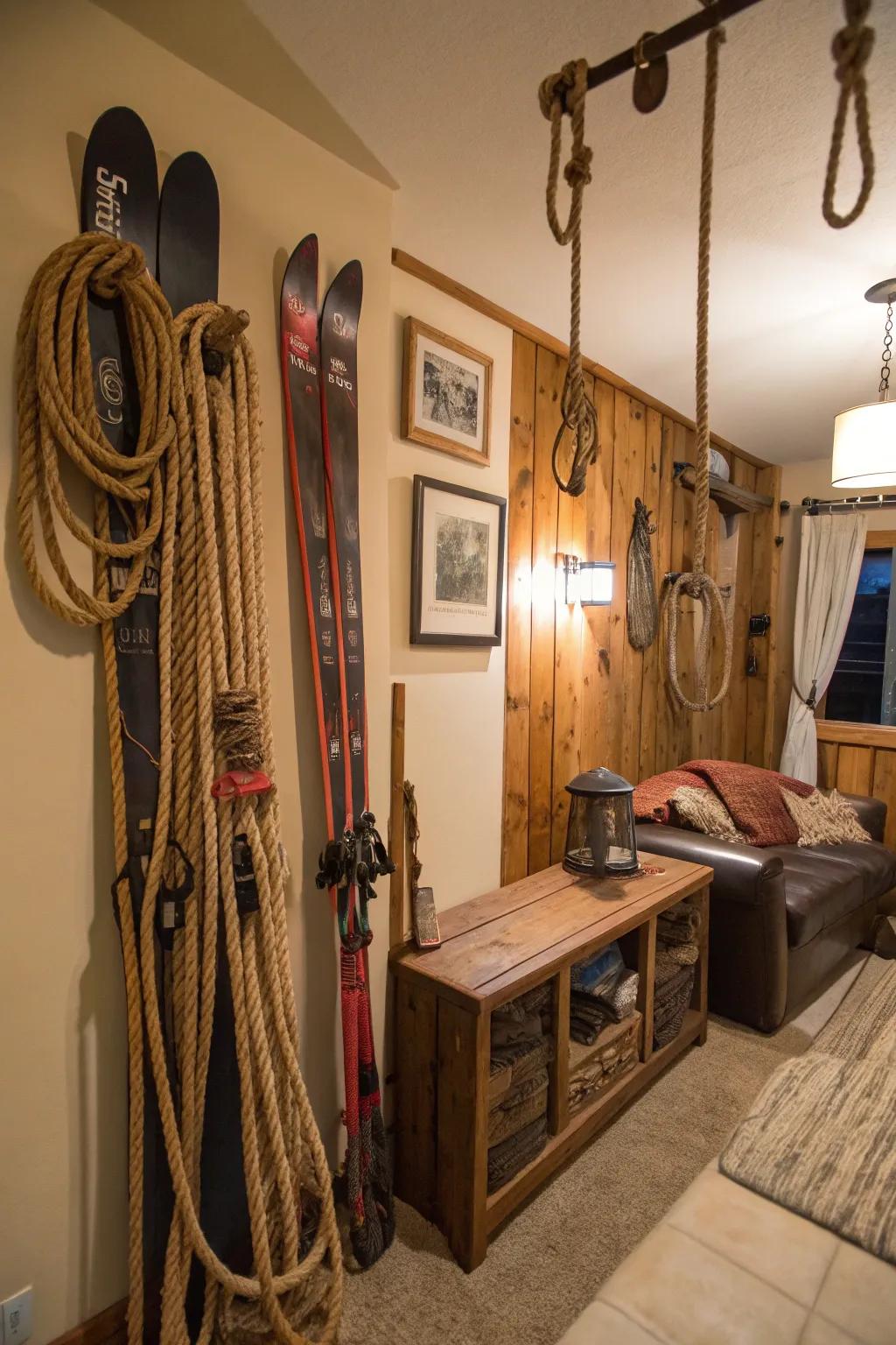 A room with unique decor utilizing repurposed mountain implements.