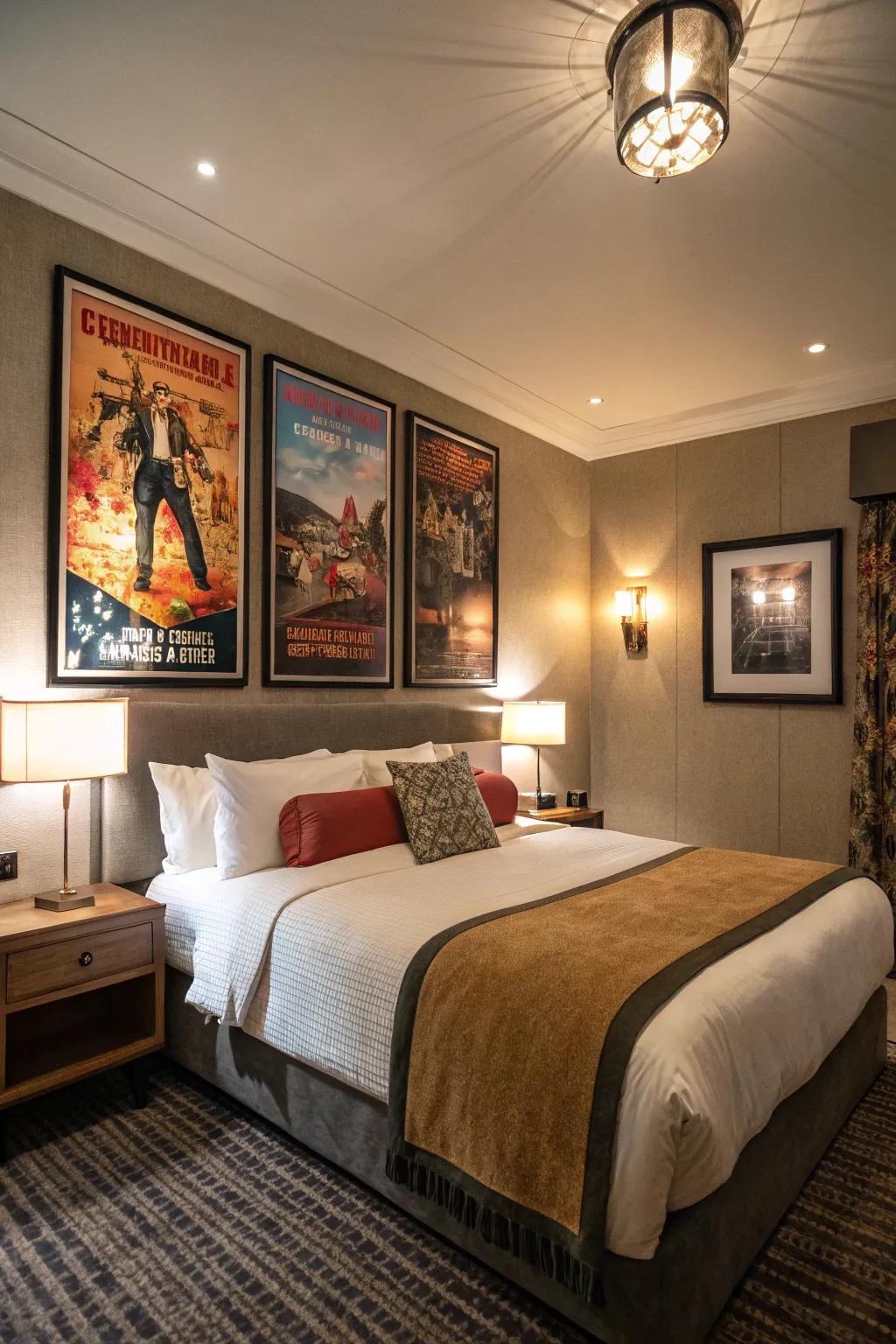 A guest room featuring textured film art.