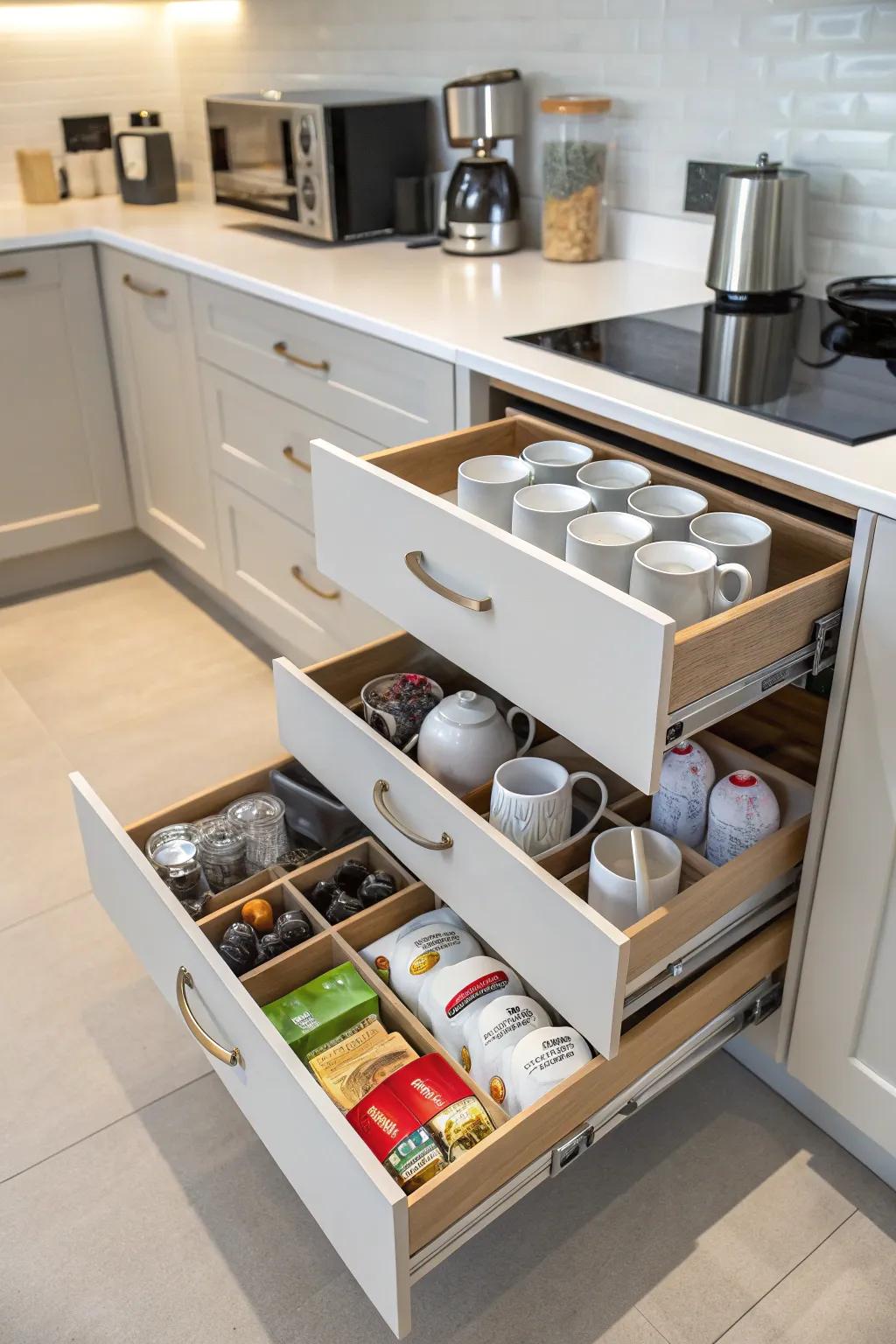 Arrange your mugs efficiently with pull-out cabinet drawers.