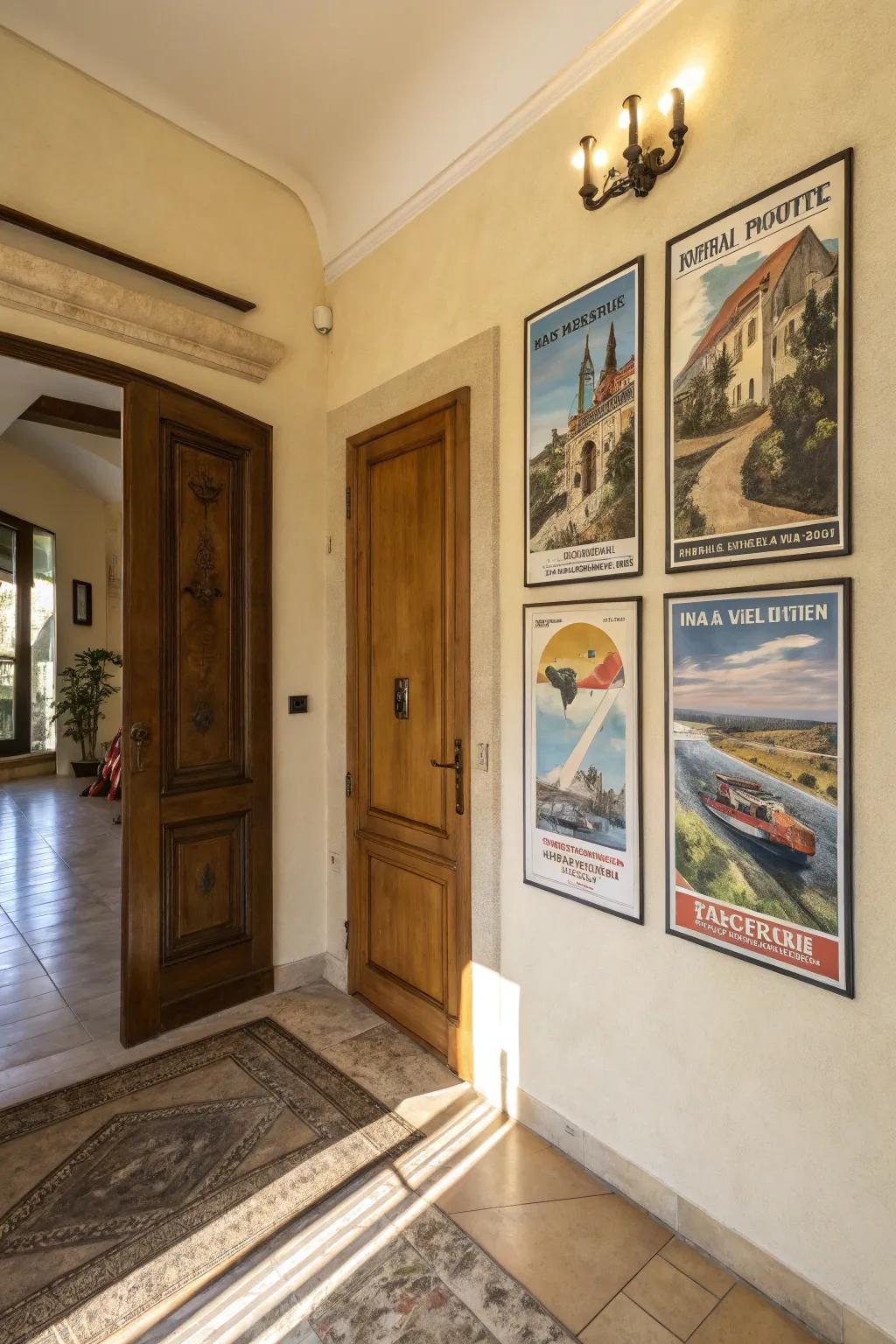 Vintage travel advertisements diffused across multiple canvases, imparting nostalgic allure to the entryway.