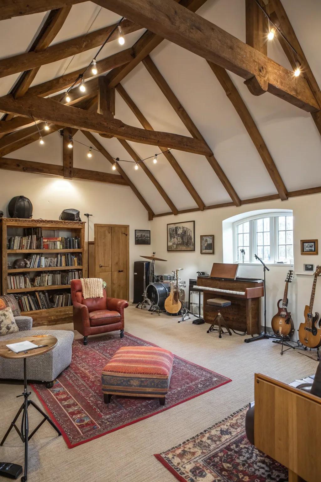 A statement ceiling adds depth, character, and a unique visual appeal to your music room.