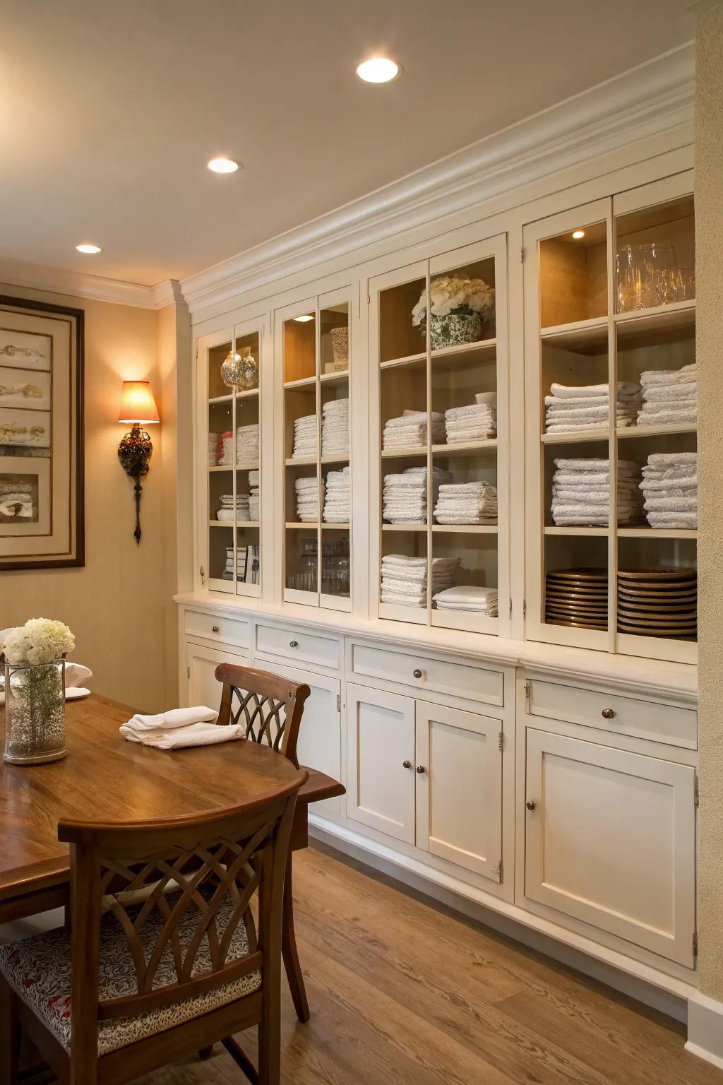 Unique built-in cabinets provide a tasteful choice for arranging napkins.