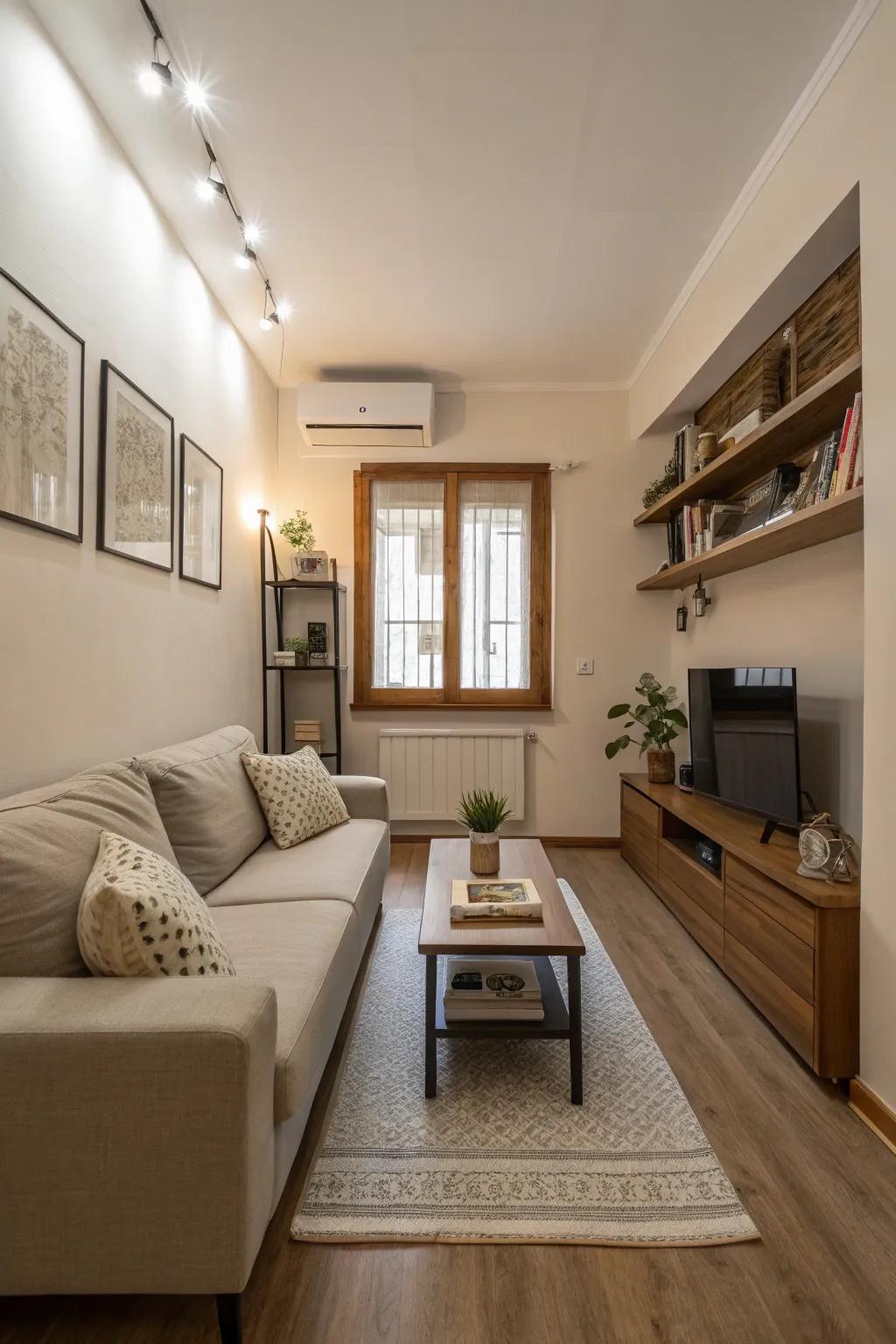 Low-profile furniture maintaining open sightlines in a narrow living room.