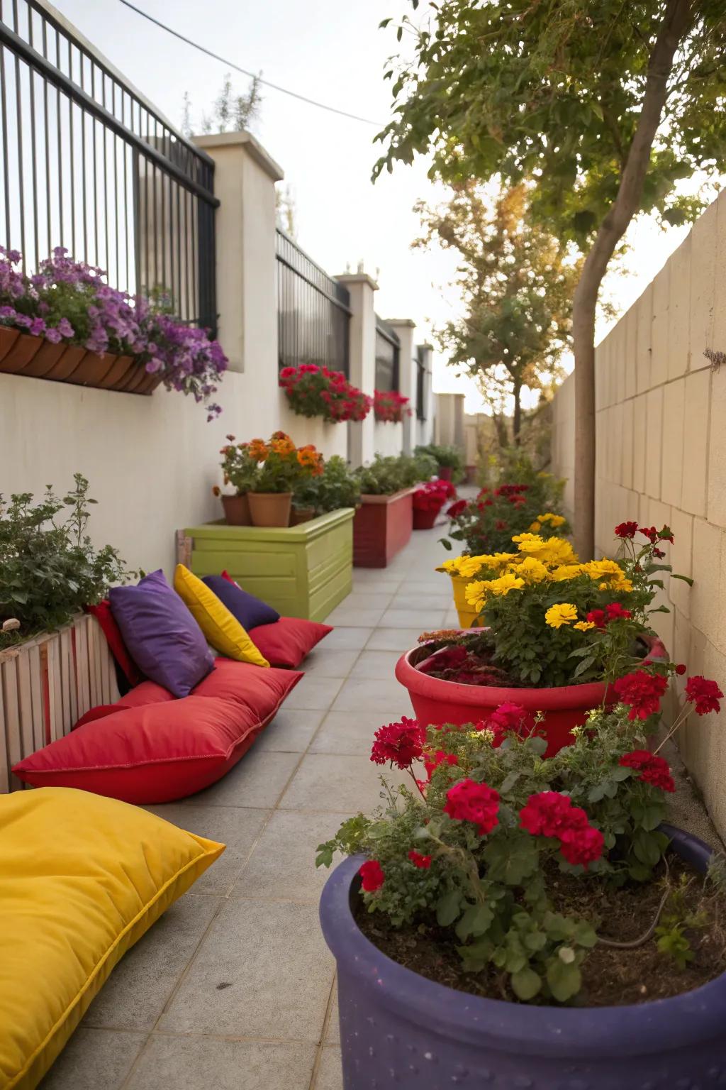Bold hues bring life and energy to a narrow side yard.