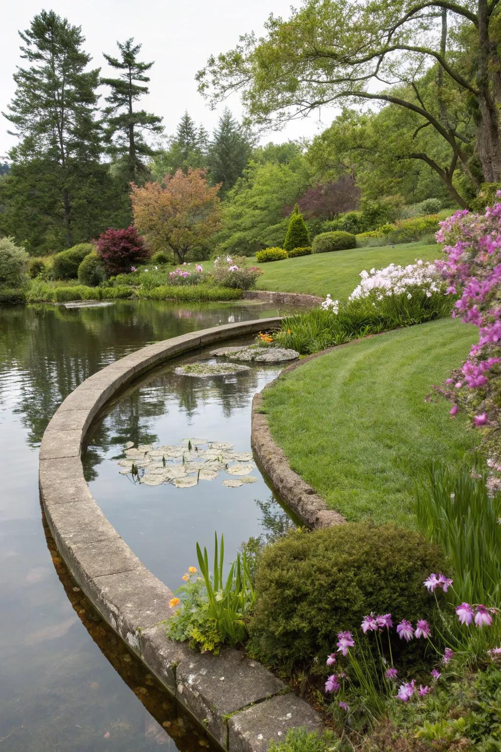 Curved edges fashioning a native and unified pond design.