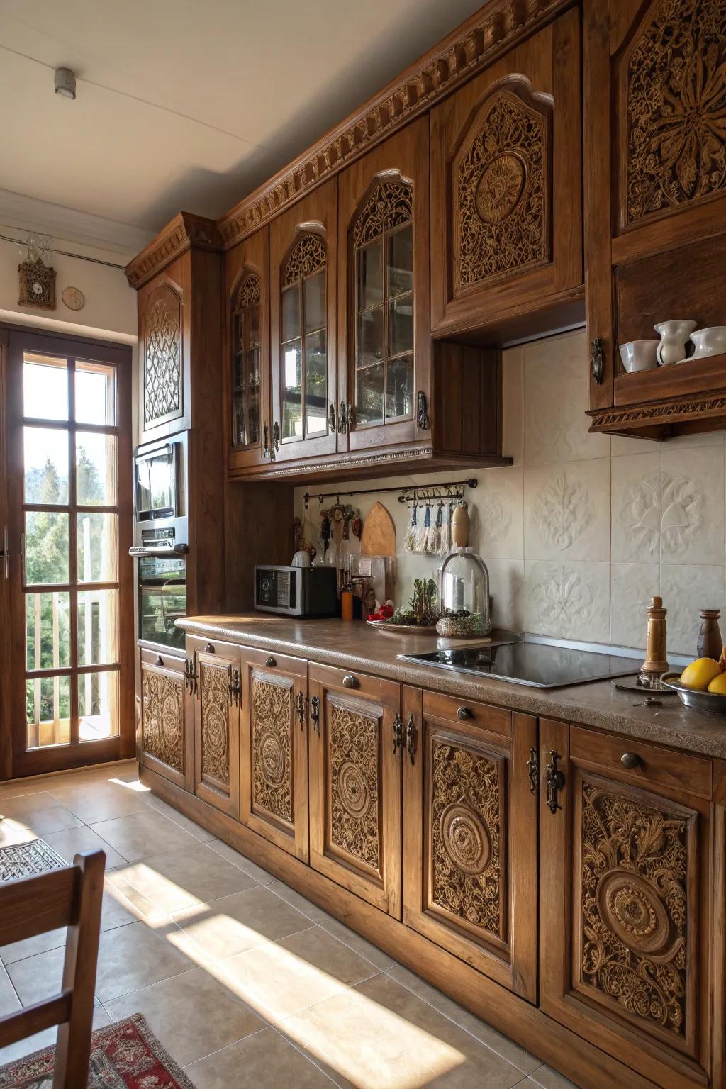 Intricate woodwork infuses artisanal sophistication.