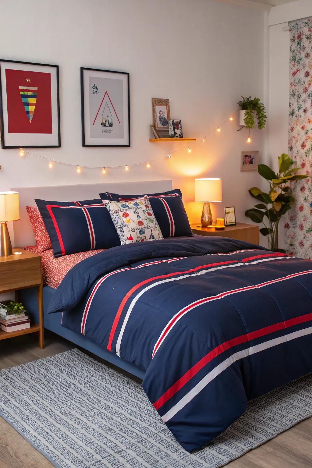 Add dynamic contrast with bold stripes on navy bedding.