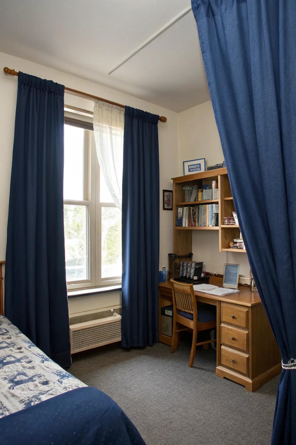 Navy window drapes enhance privacy and style.