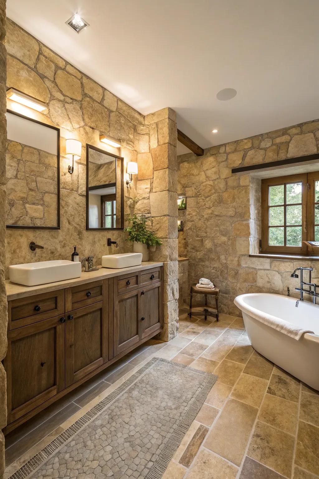 Organic pebble adds ageless elegance to the neutral bathroom.