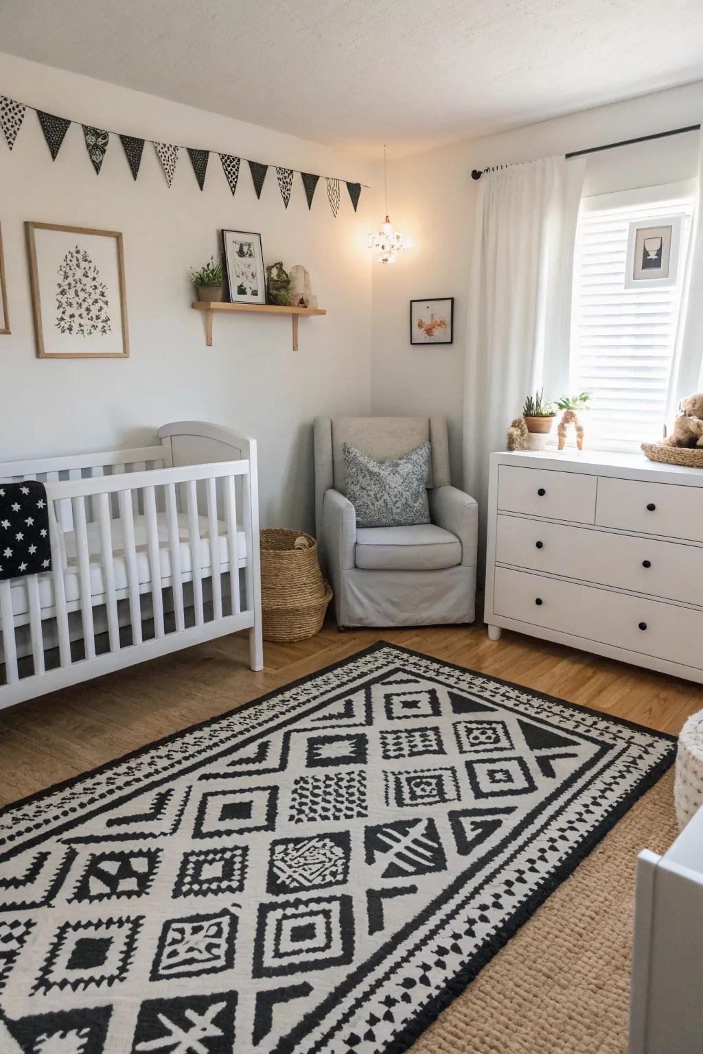 A nursery featuring a chic ebony and ivory motif.