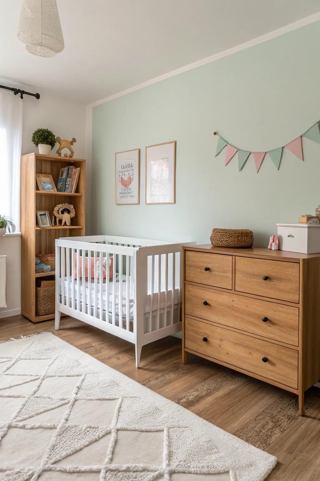 A minimalist nursery offers a peaceful, budget-friendly space for baby.