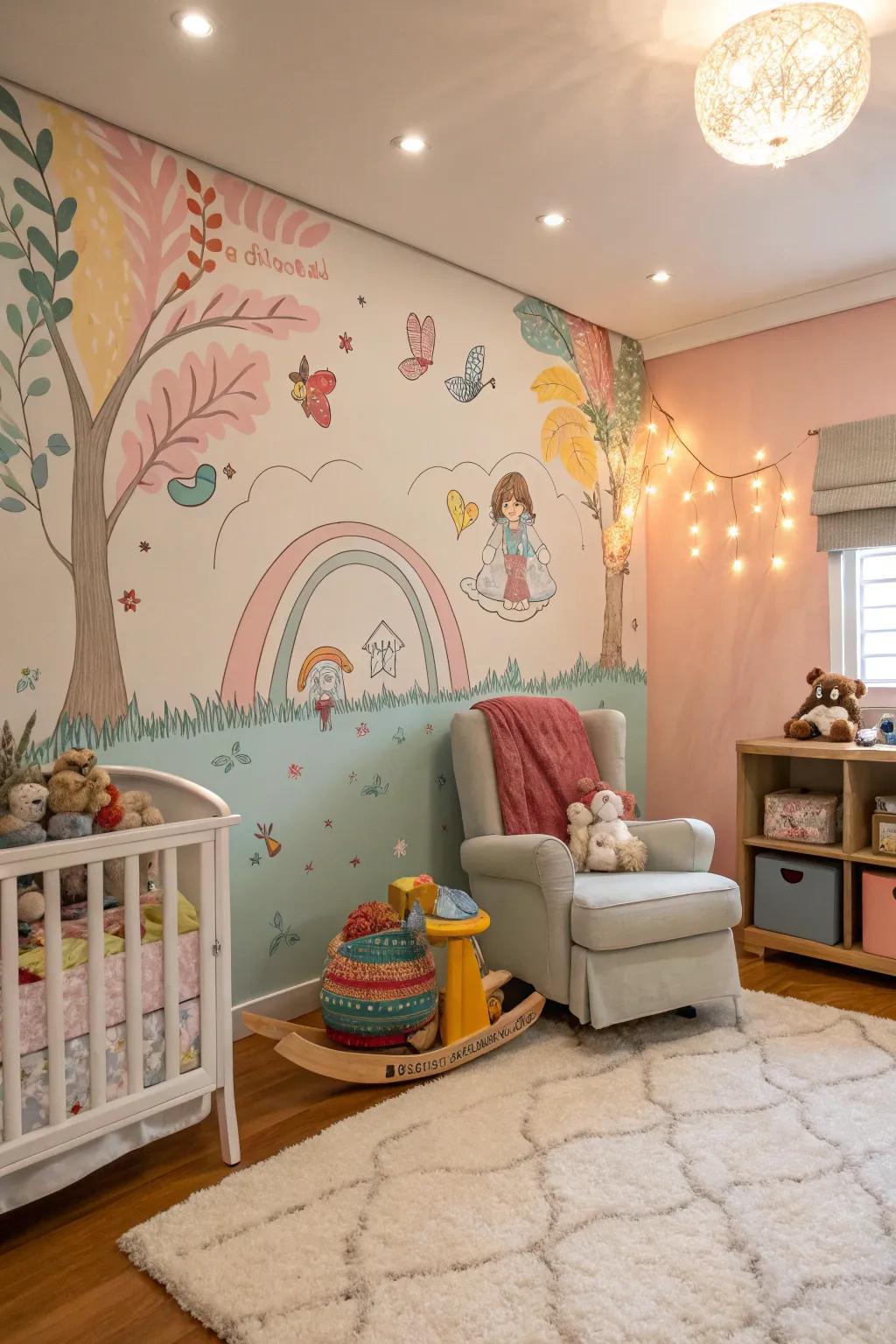 Hand-painted murals create a unique and personal touch.