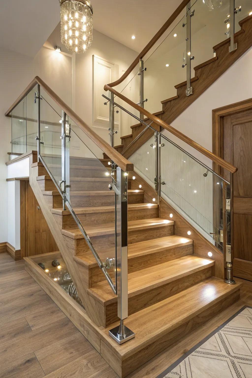 A unique staircase design featuring a mix of materials.