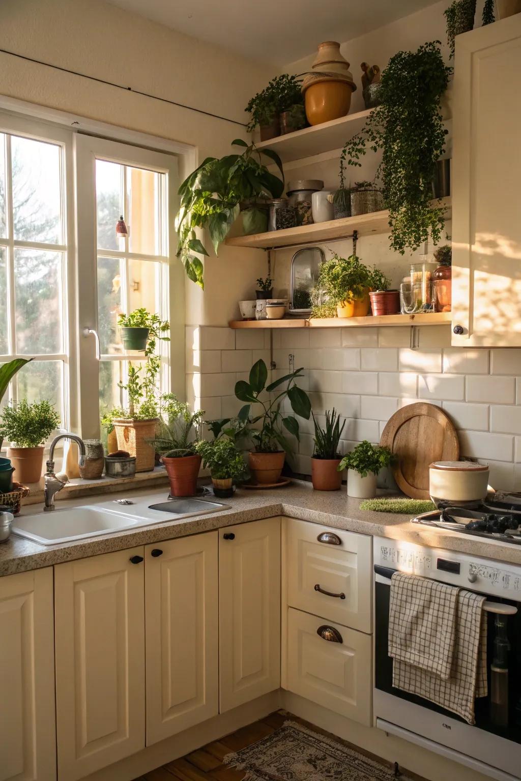 Flora and natural constituents bear a fresh vibe inside the cooking zone.