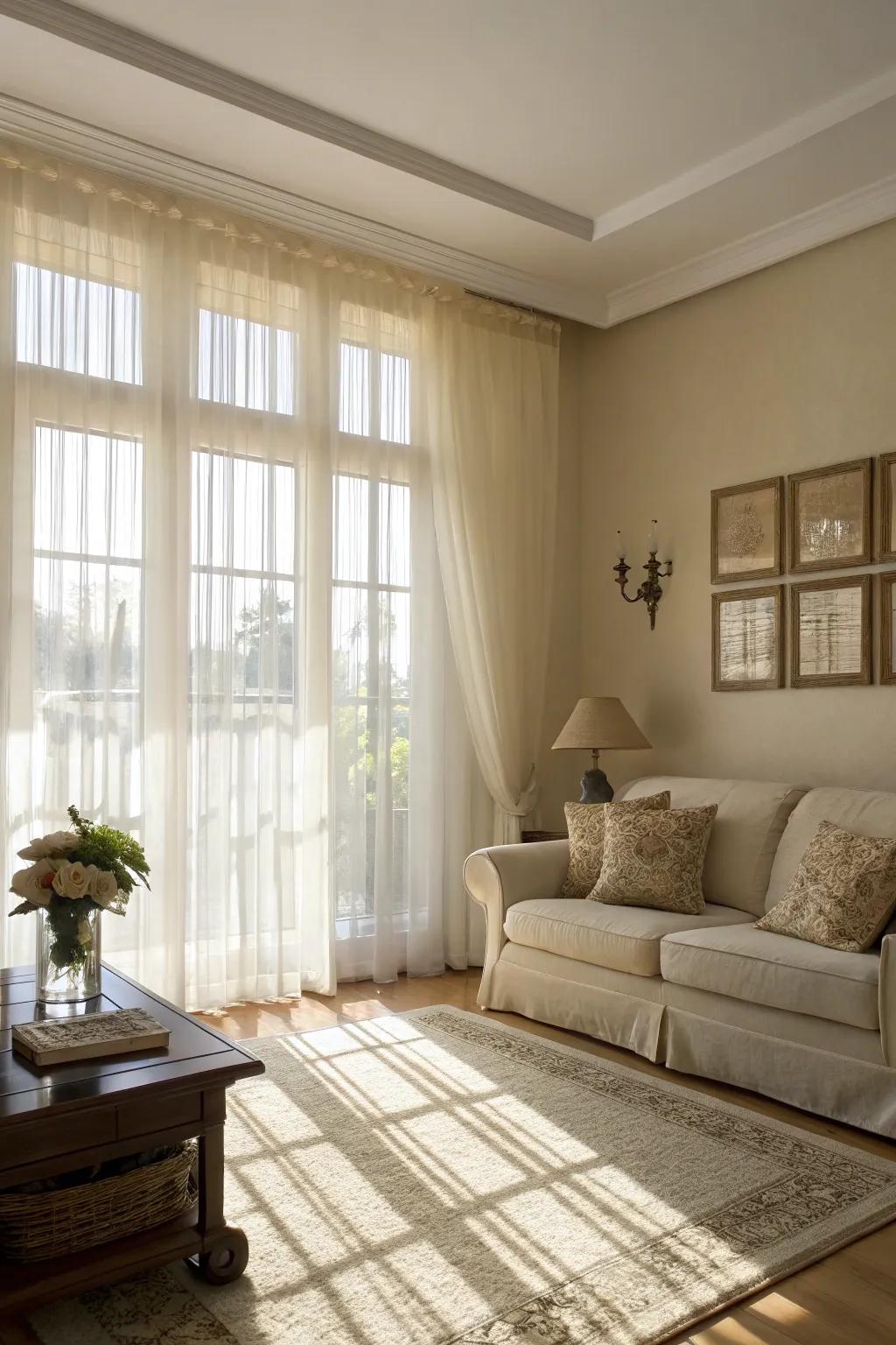 Sheer curtains enhance the light and airy atmosphere.
