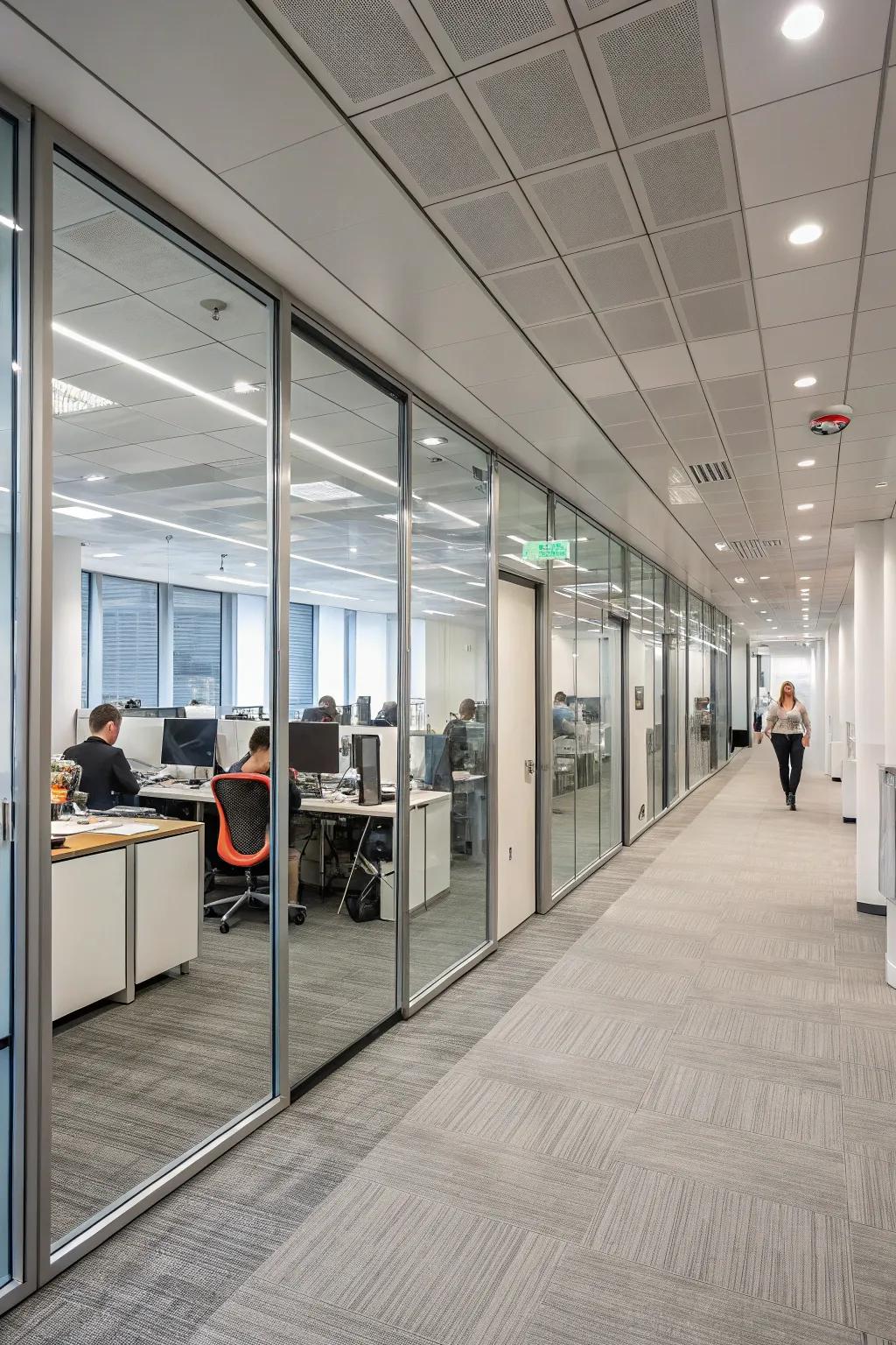 Reflective screens reflect illumination and visually expand office spaces.