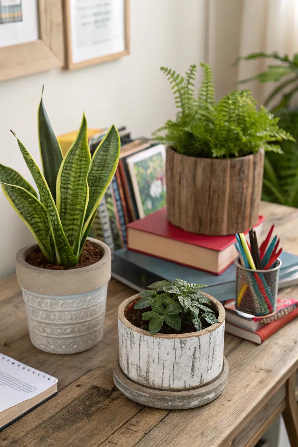 Blend styles through a mix of rustic and modern planters.