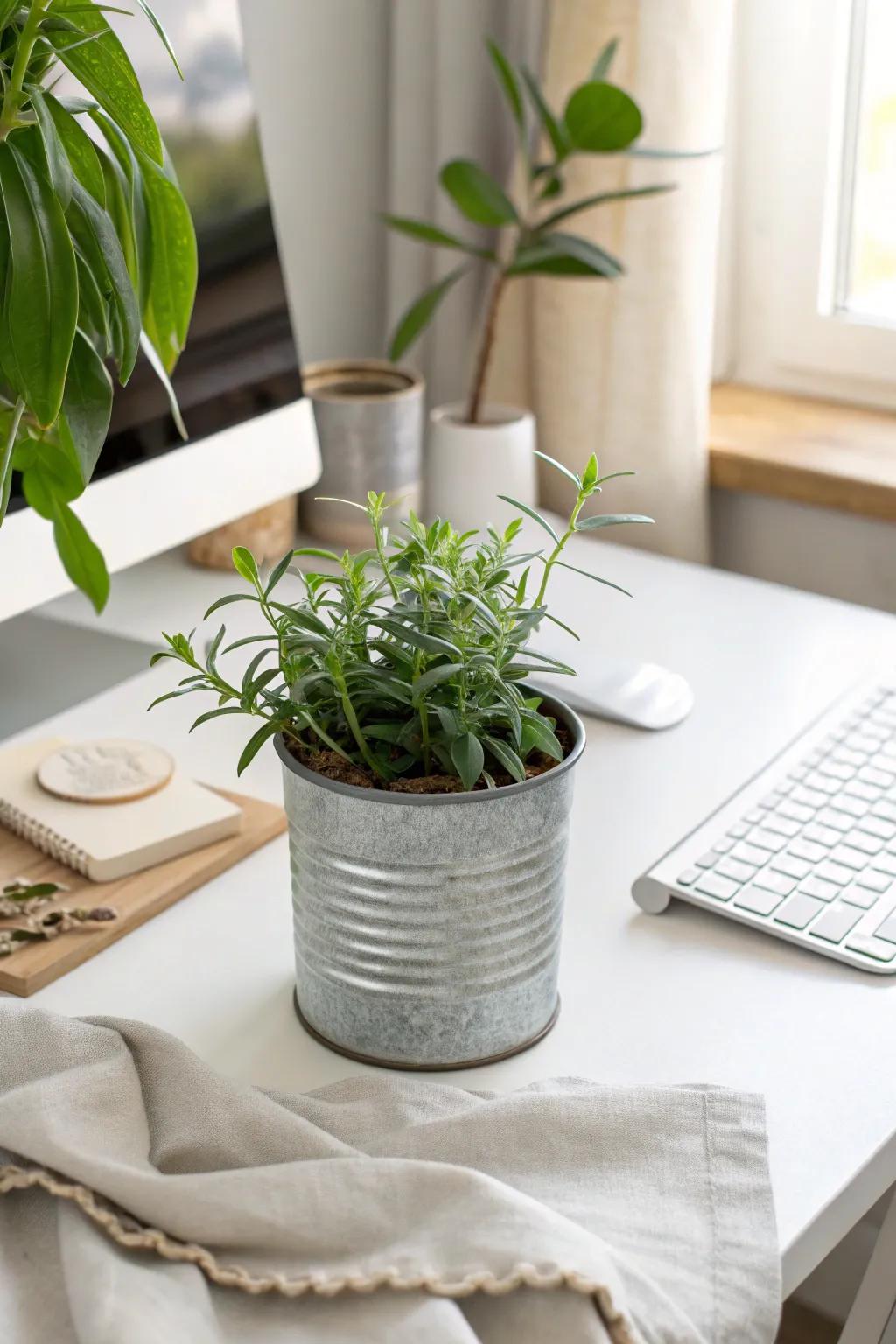 Bring sustainability to your office using plants in reclaimed pots, adding character and minimizing waste. 🌱 #EcoDecor #SustainableLiving