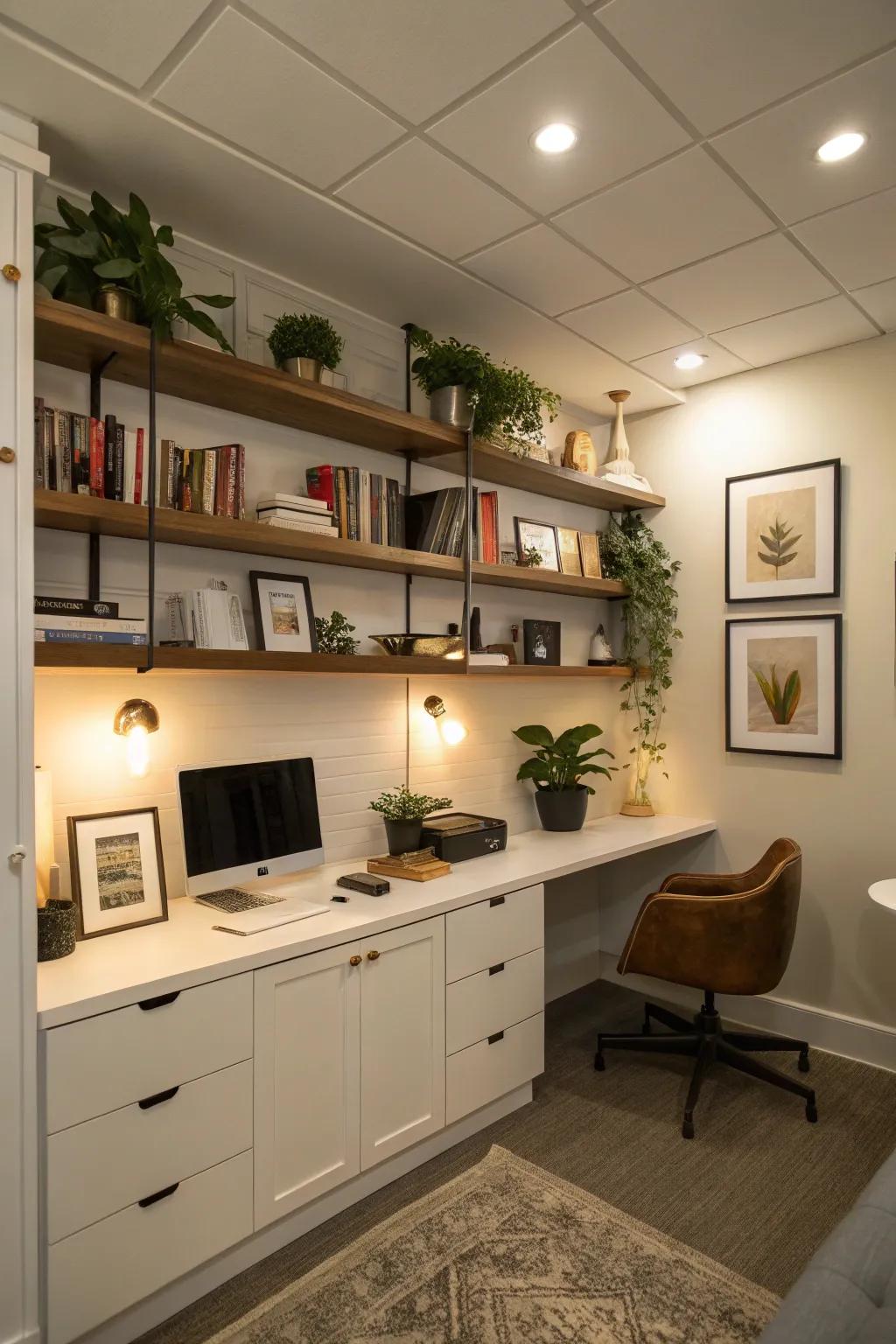 Sconces with ledges offering practicality in the office.