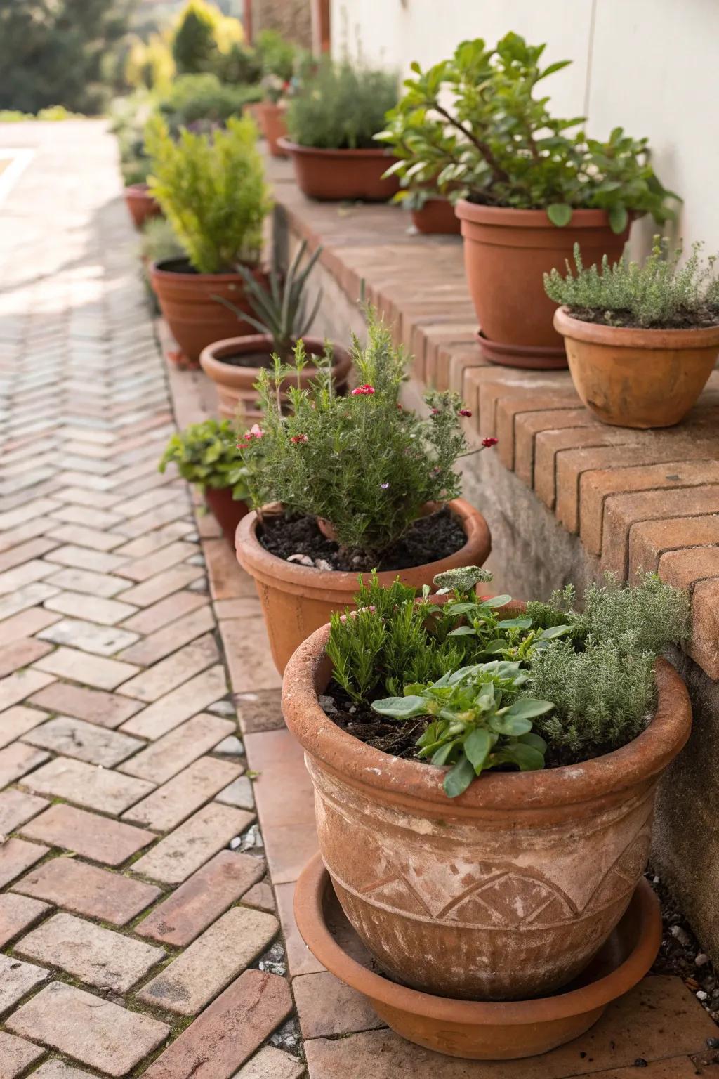 Earthenware vessels contribute warmth and charm to the patio