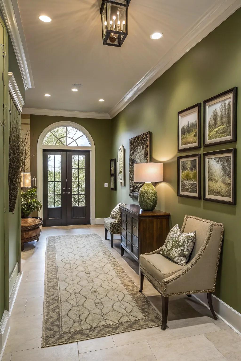 A captivating entryway highlighted by stylish olive green walls.