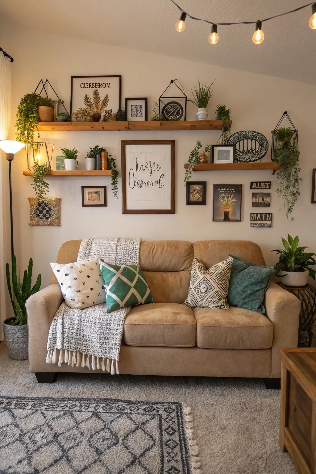 Personal design choices make the living room feel inviting and warm.