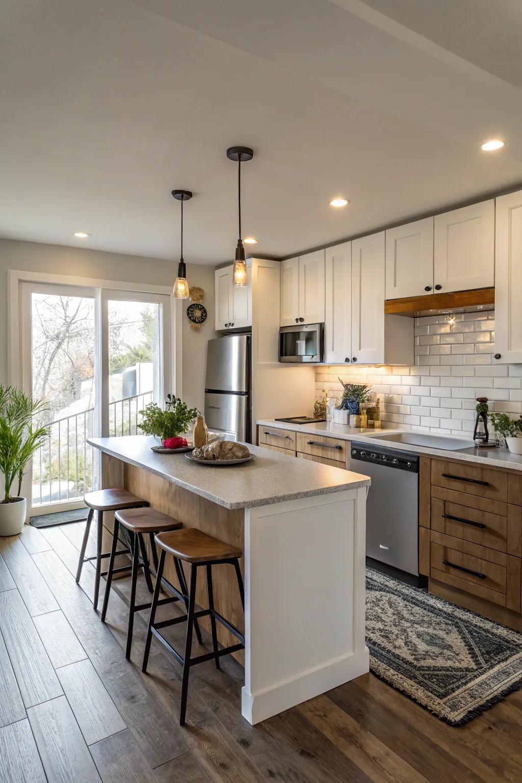 A diminutive island lends practicality to a single-wall kitchen.