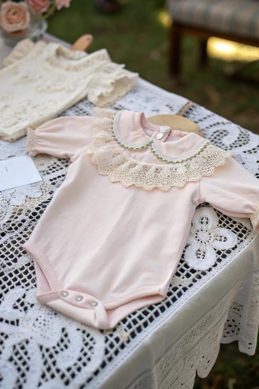 A chic onesie showcasing vintage lace accents.