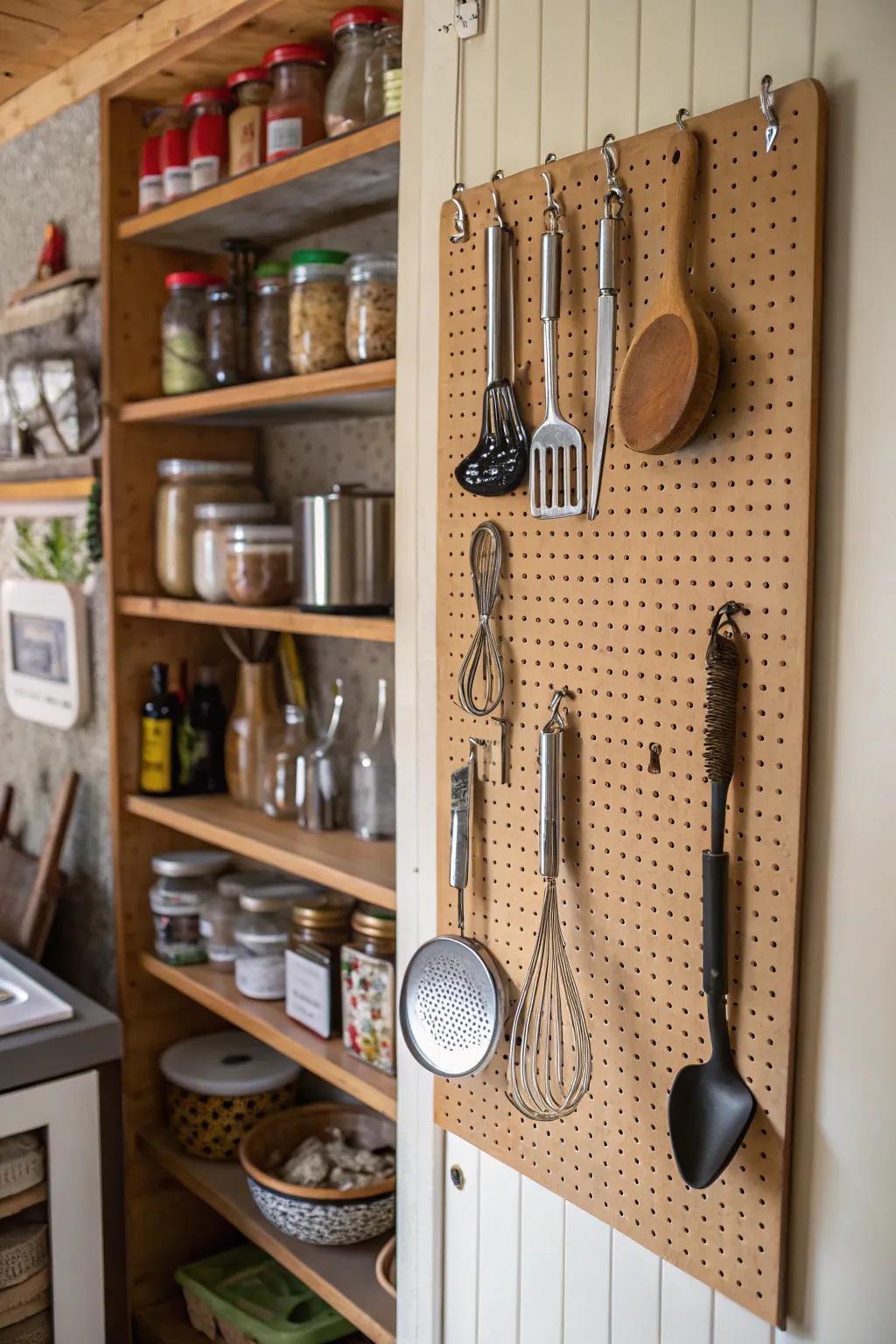 Pegboards offer accessible arrangement for kitchen tools.