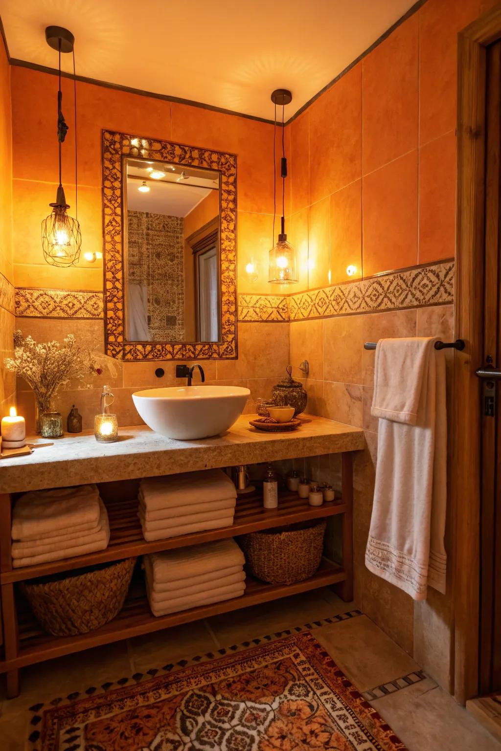 Warm lighting amplifies the inviting ambiance of orange shades within the bathroom.