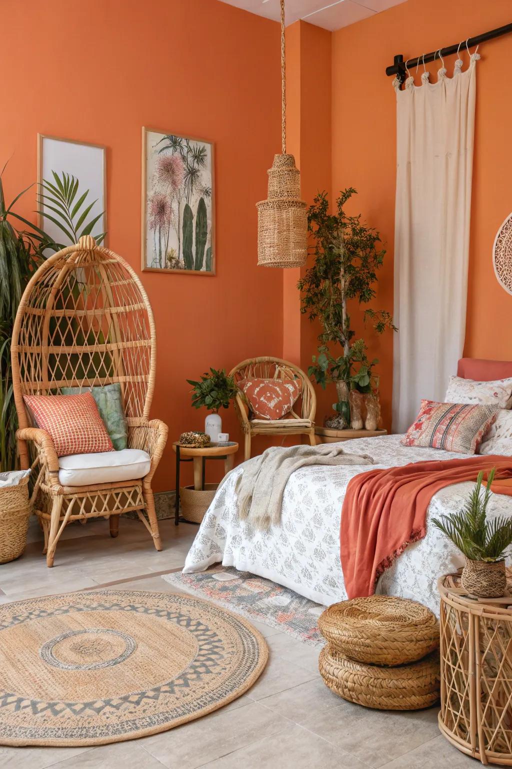 Rattan furnishings enhance the grounded comfort emanating from walls painted orange.