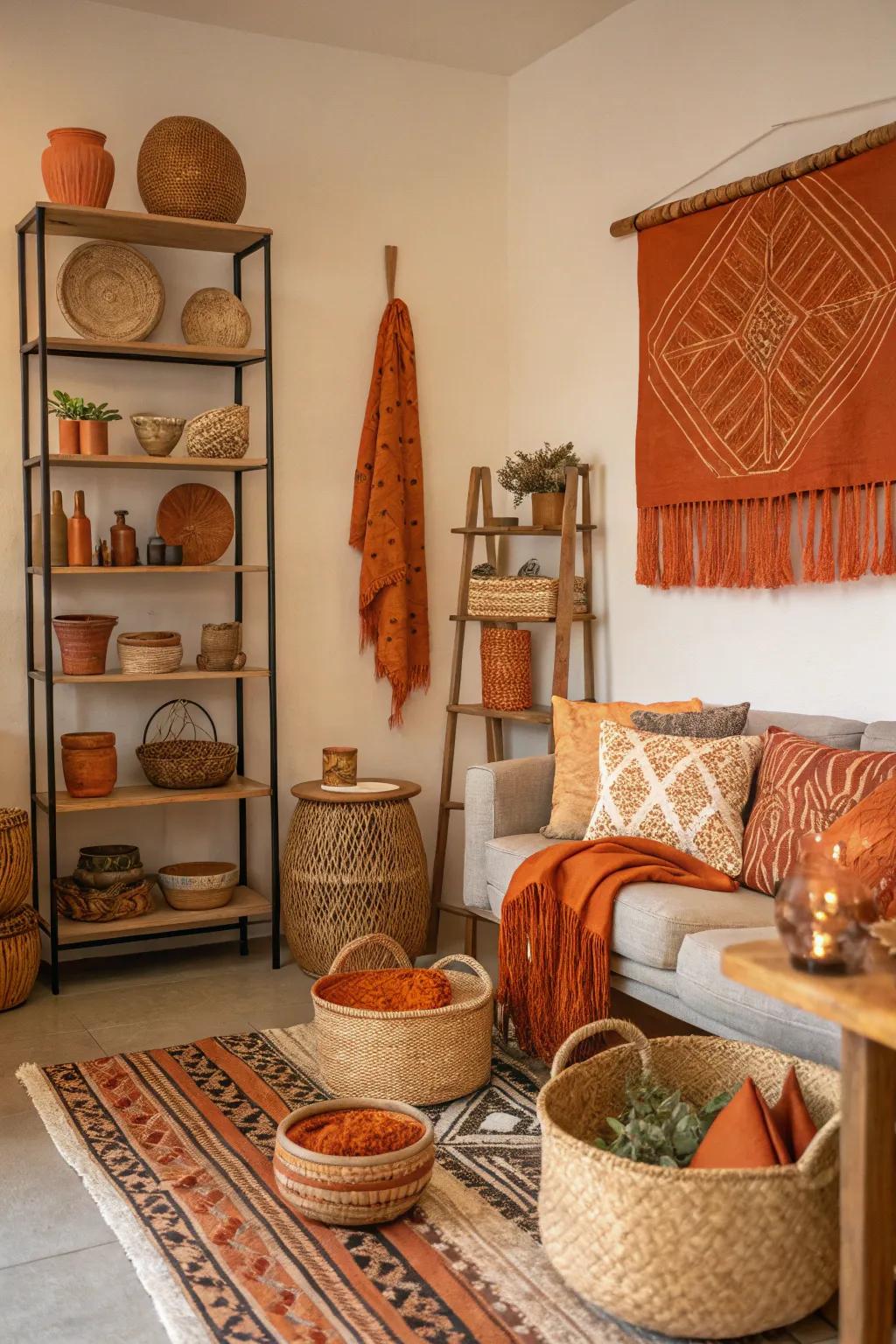 Artisanal crafts in orange inject unique character and storytelling into the space.