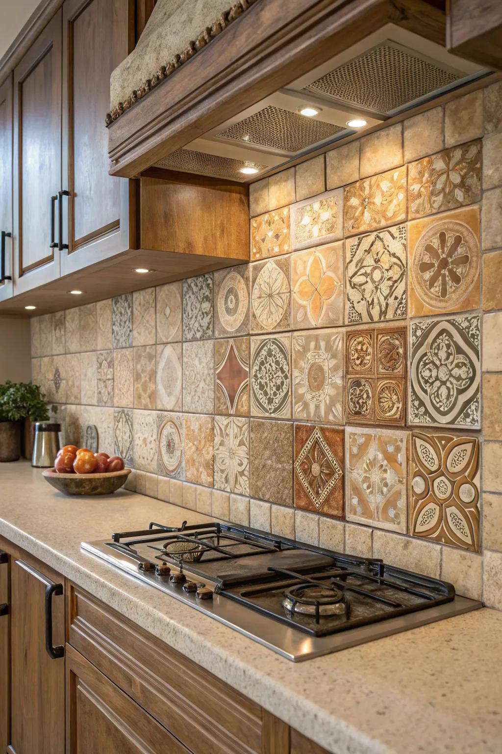 Ceramic tiles introduce texture and warmth to the kitchen's design.